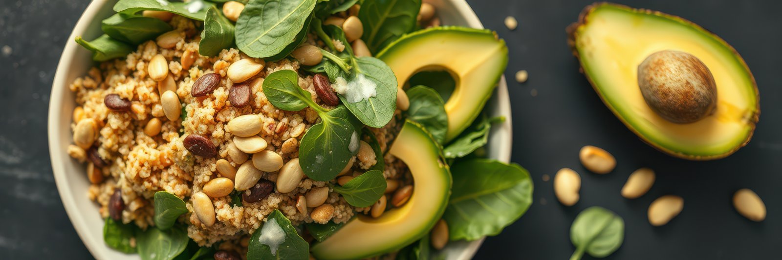 Fresh quinoa salad with spinach, avocado, and mixed nuts for a healthy lunch option